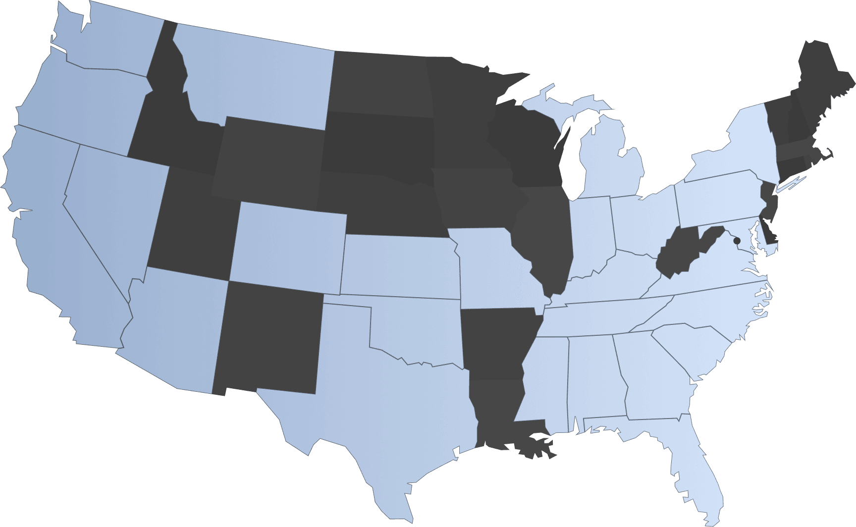United States Map with State-Level Data Classification Map of United States showing states colored in three shades: dark gray, light blue, and white, representing different data categories or values.