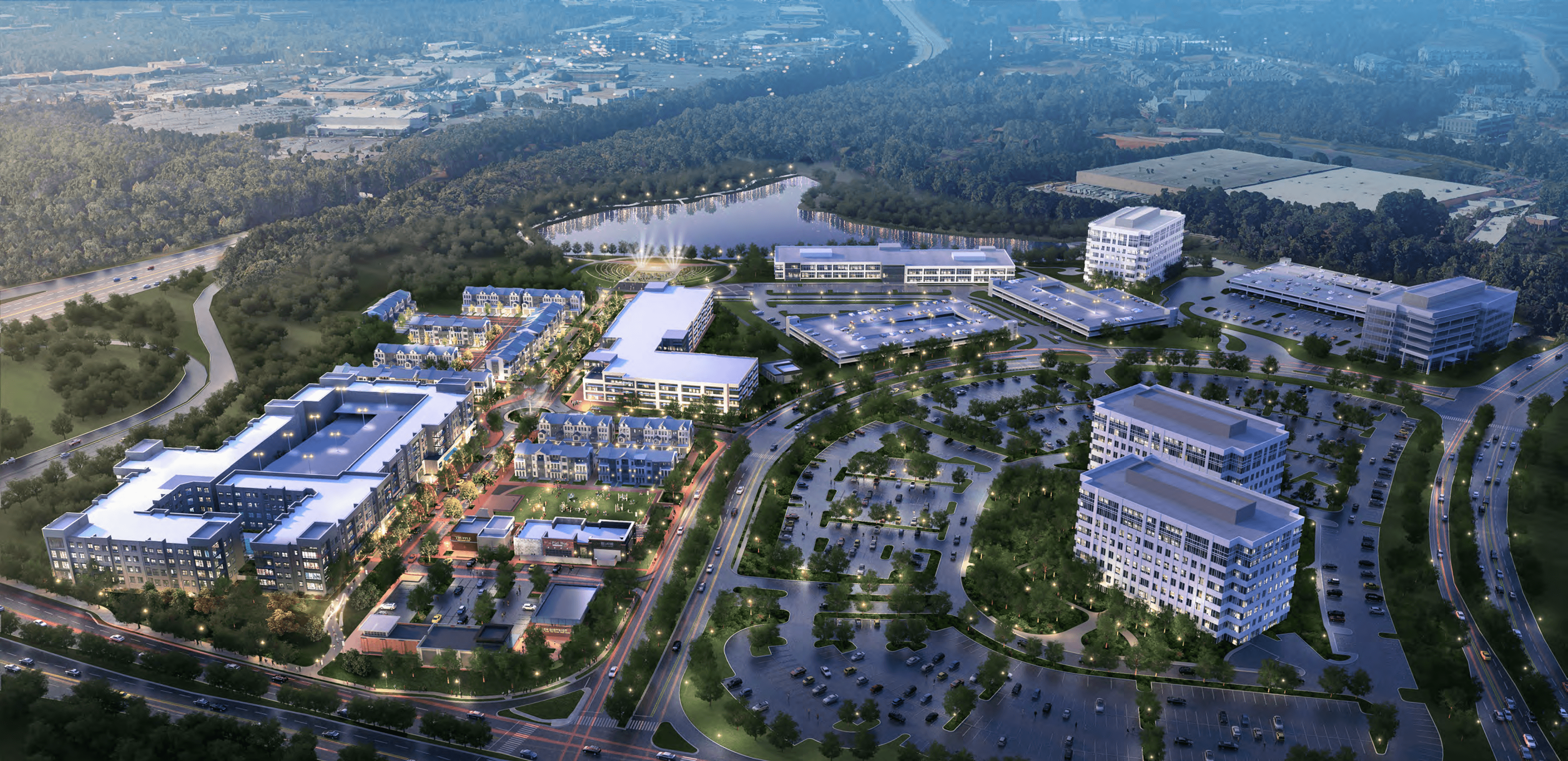 Contemporary multi-story apartment building with vertical metal columns and landscaped entrance on urban street corner under blue sky.
